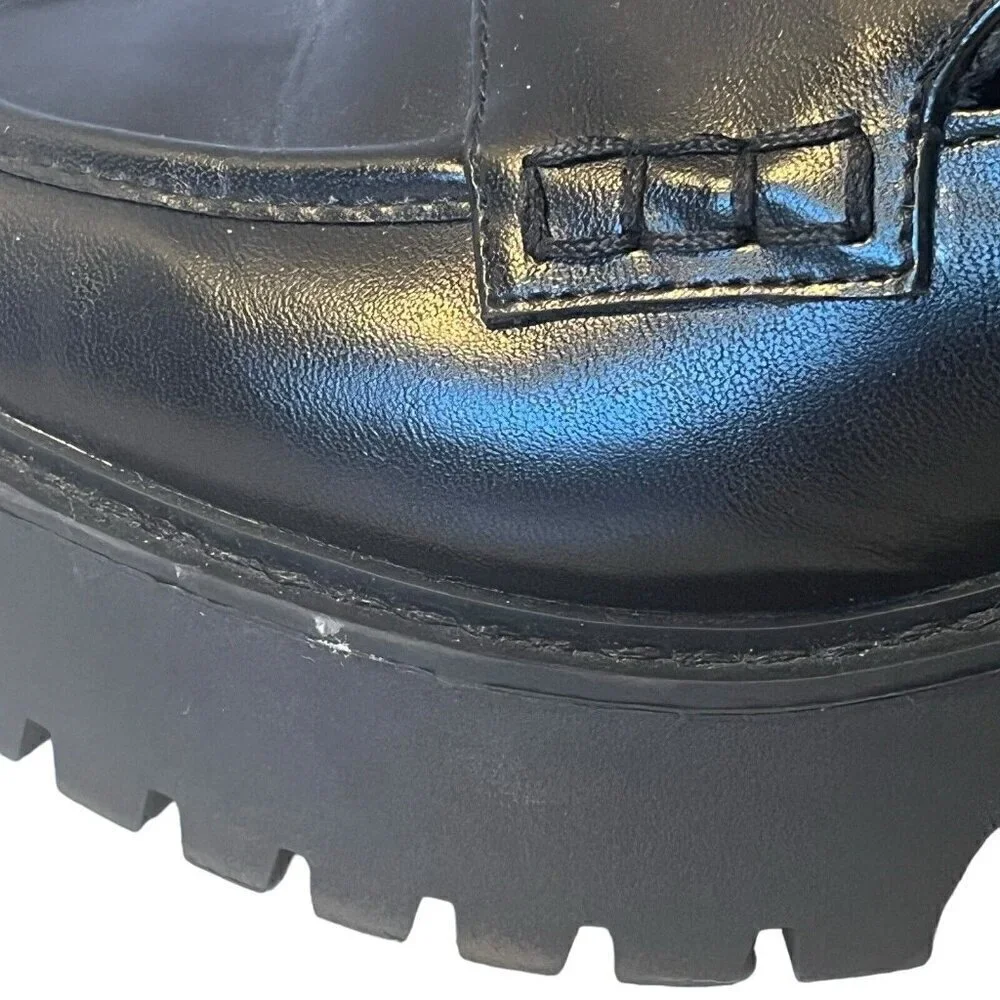 Womens 8.5 Chunky Platform Slip On Penny Loafer Black Faux Leather Lug Soles